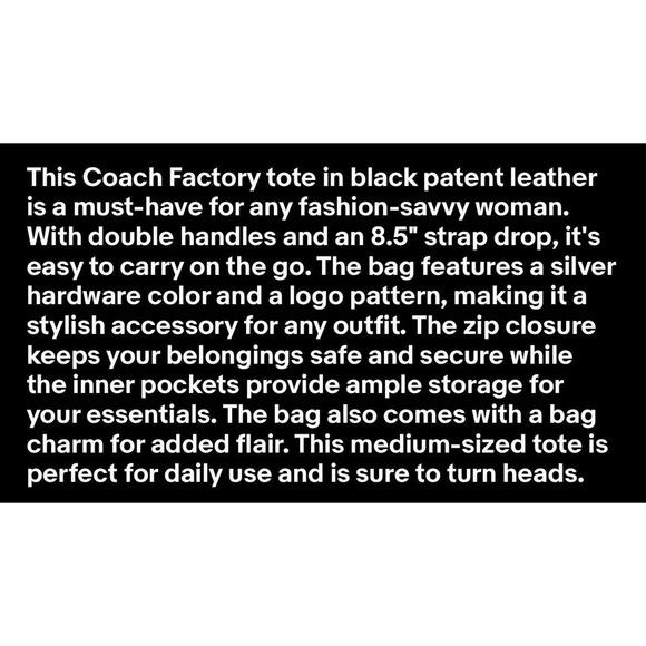 COACH Gallery Embossed Black Patent Leather Medium Tote Bag F19462 Fast Ship - Picture 15 of 15